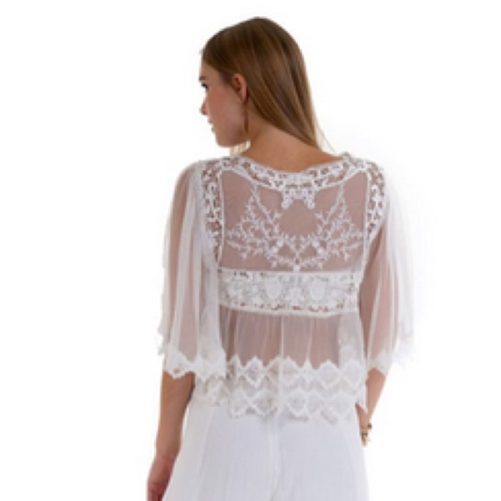 Sheer Romantic Lace Embroidered Gypsy Bride Mesh Bell Sleeve Blouse Top Small - Picture 2 of 12